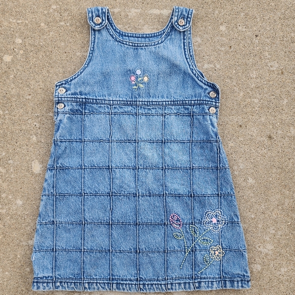 Little Me Denim Jean Toddler Overall Dress, Plaid Patchwork‎ w/ Embroidery, Sz 4 - Picture 1 of 11
